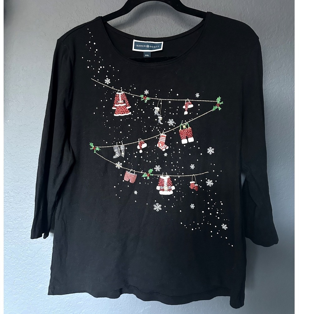 Karen Scott Diamond Santa Black Holiday Kittens 3/4-Sleeve Top PXL